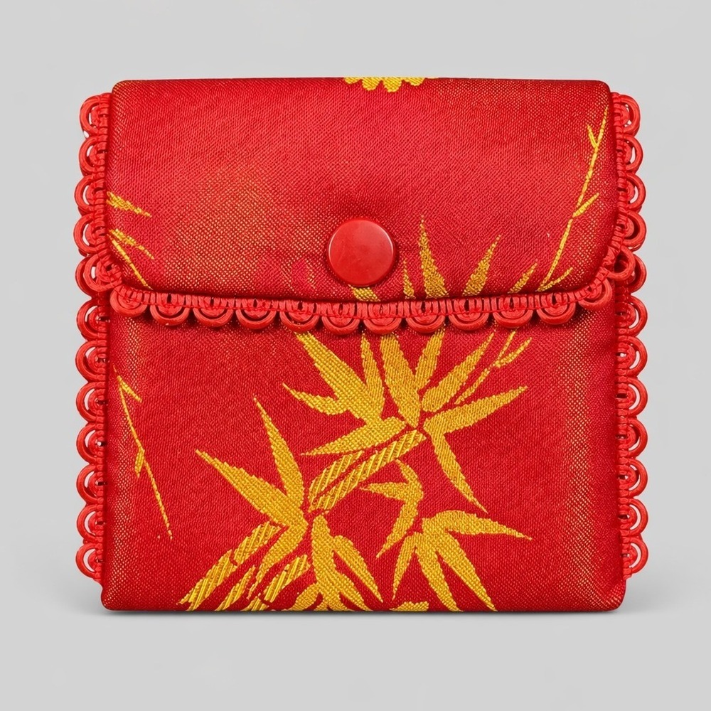 Vintage Red Gold Chinese Brocade Jewelry Pouch Bamboo Snap Coin Purse Small Bag
